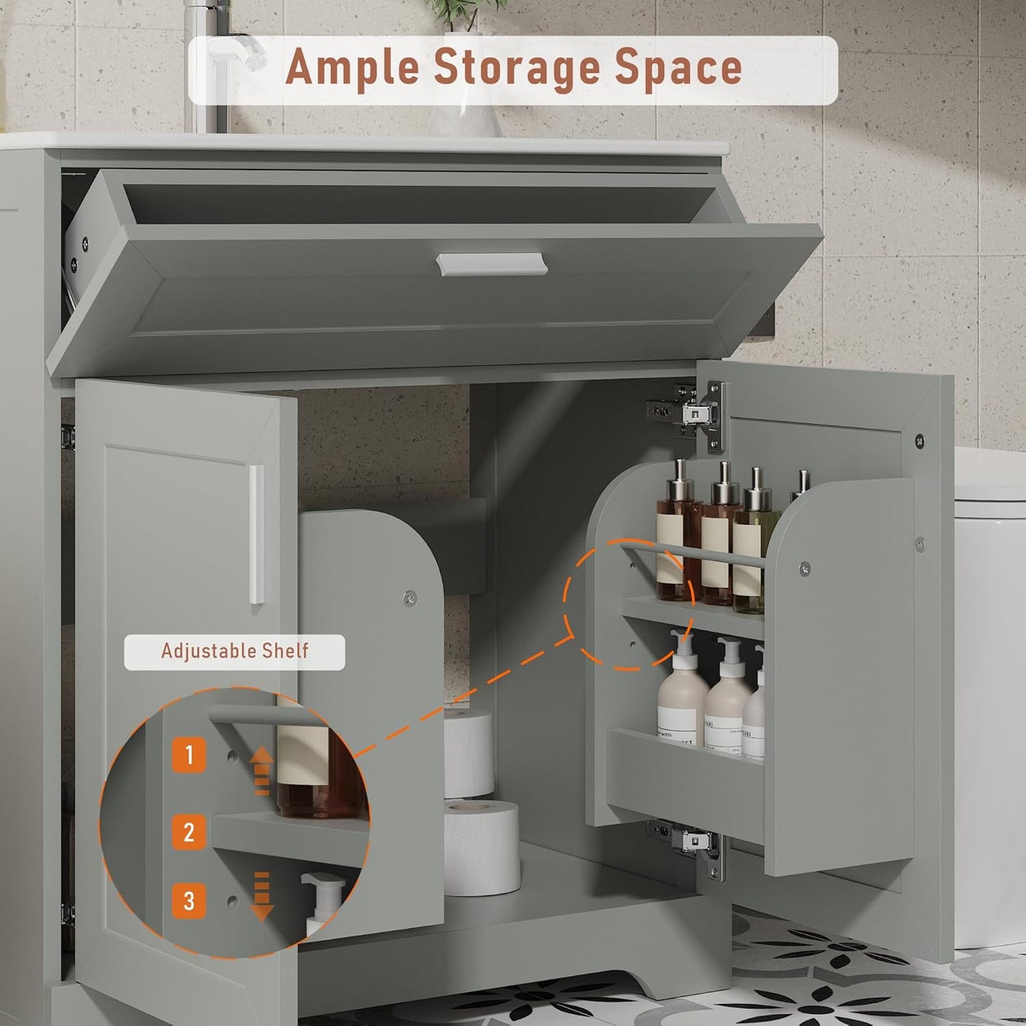 Bathroom Vanity with Ceramic Sink (30 Inch, Cabinet ONLY, Grey) - Image 5