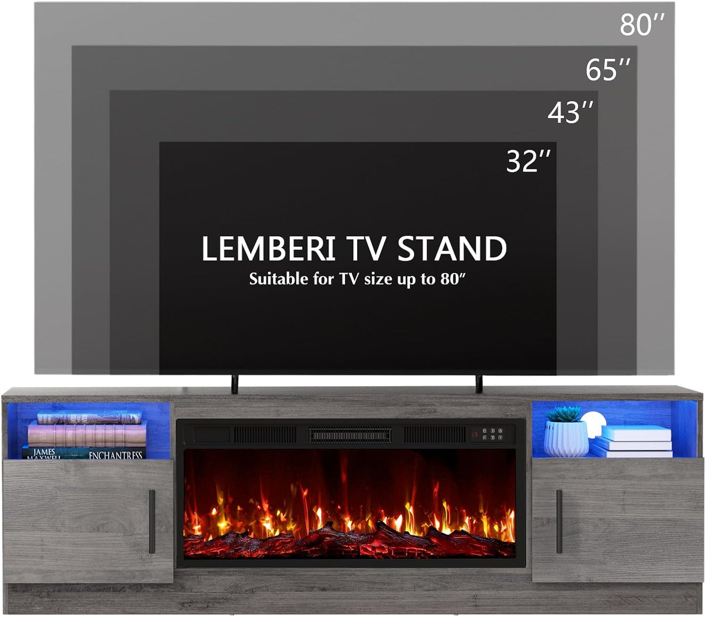 70" Fireplace TV Stand with Fireplace, fits TVs up to 80"- Grey - Image 7