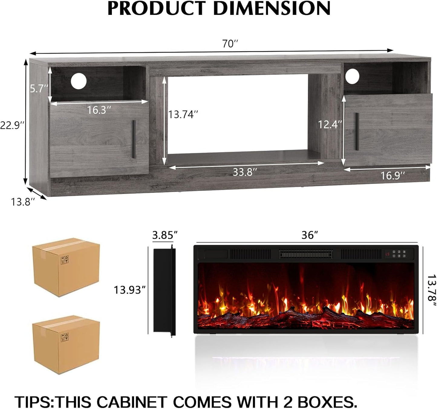 70" Fireplace TV Stand with Fireplace, fits TVs up to 80"- Grey - Image 2