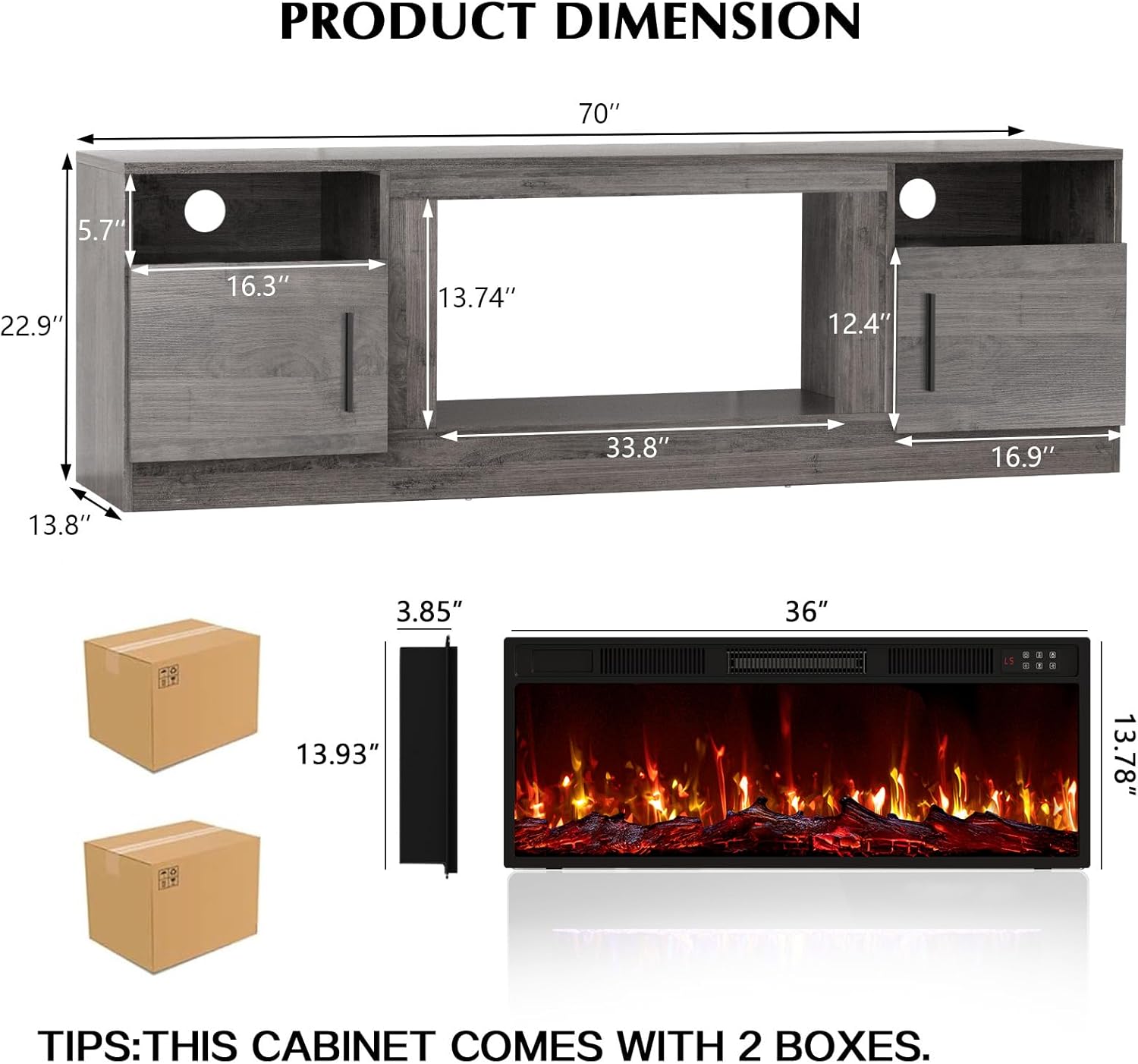 70" Fireplace TV Stand with Fireplace, fits TVs up to 80"- Grey - Image 2