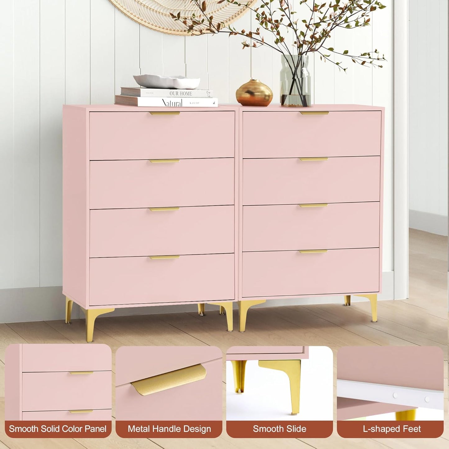4 Drawer Dressers for Bedroom, Wood Dresser with Golden Handles - PINK - Image 3