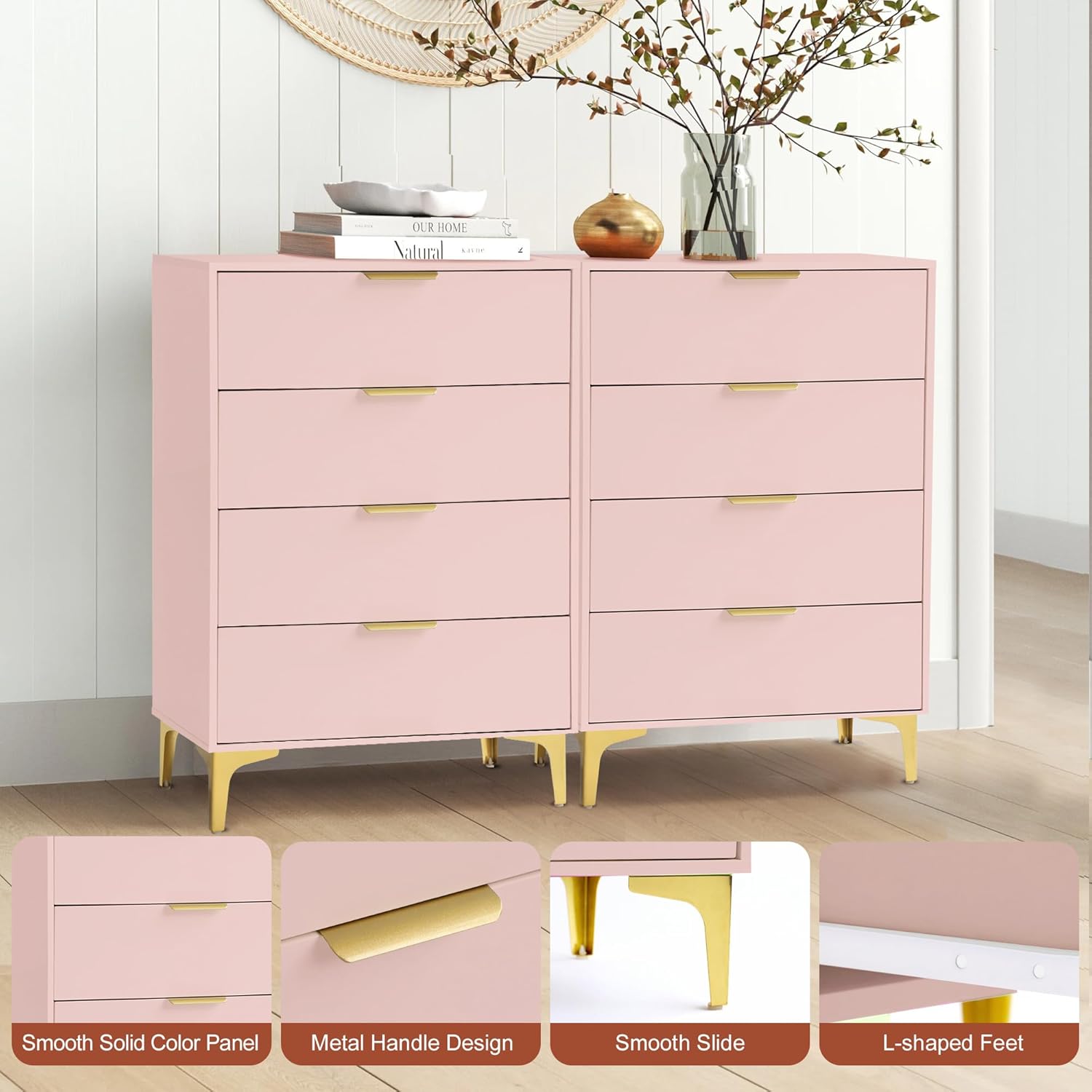 4 Drawer Dressers for Bedroom, Wood Dresser with Golden Handles - PINK - Image 3