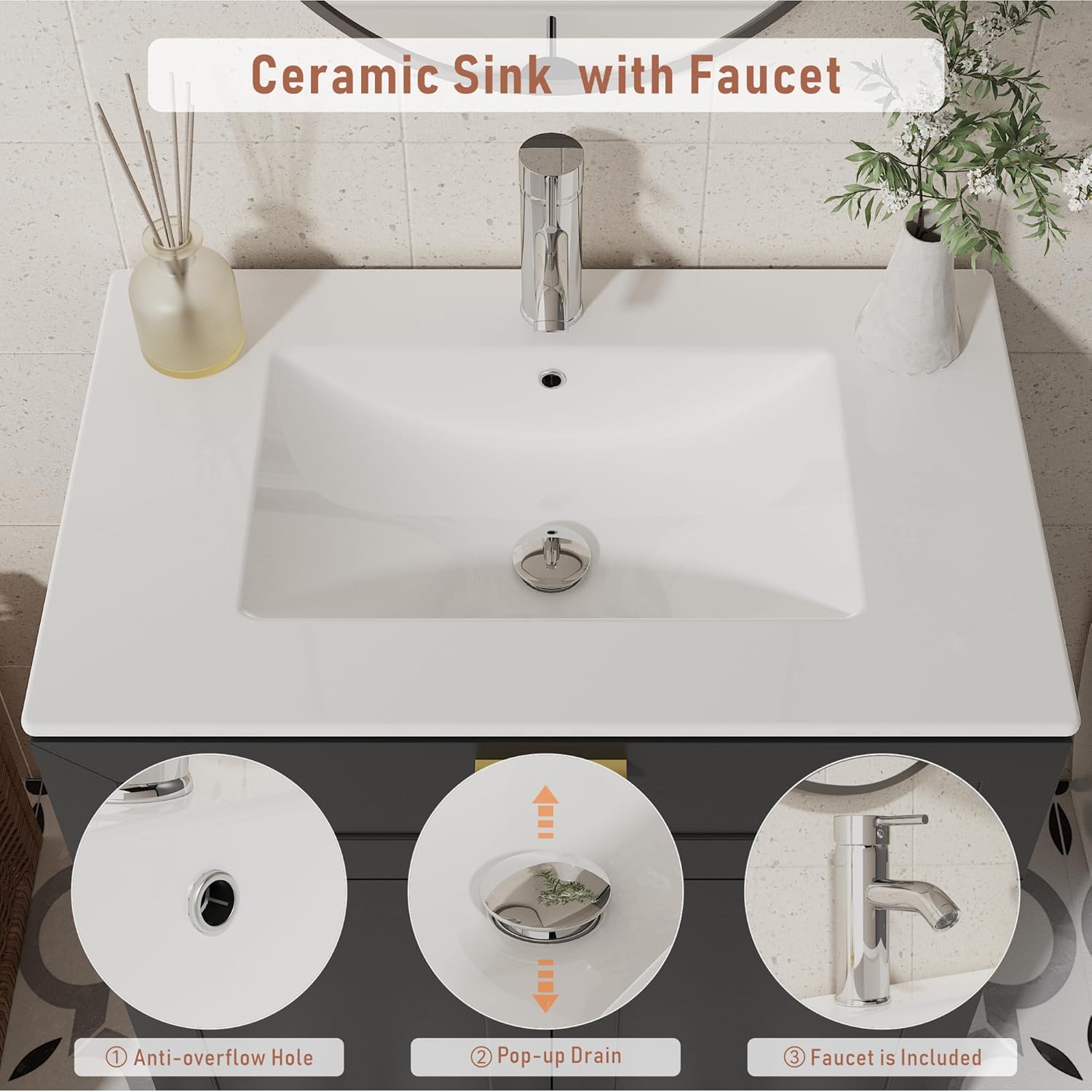 Bathroom Vanity with Ceramic Sink (30 Inch, Cabinet ONLY, Black) - Image 4
