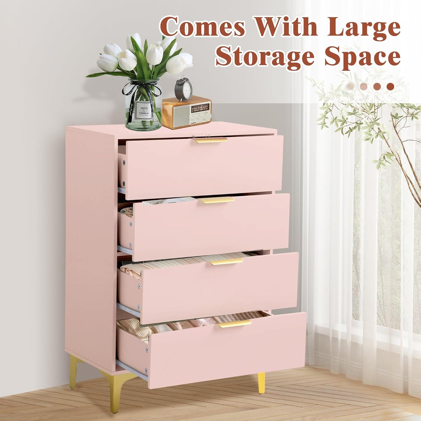4 Drawer Dressers for Bedroom, Wood Dresser with Golden Handles - PINK - Image 5