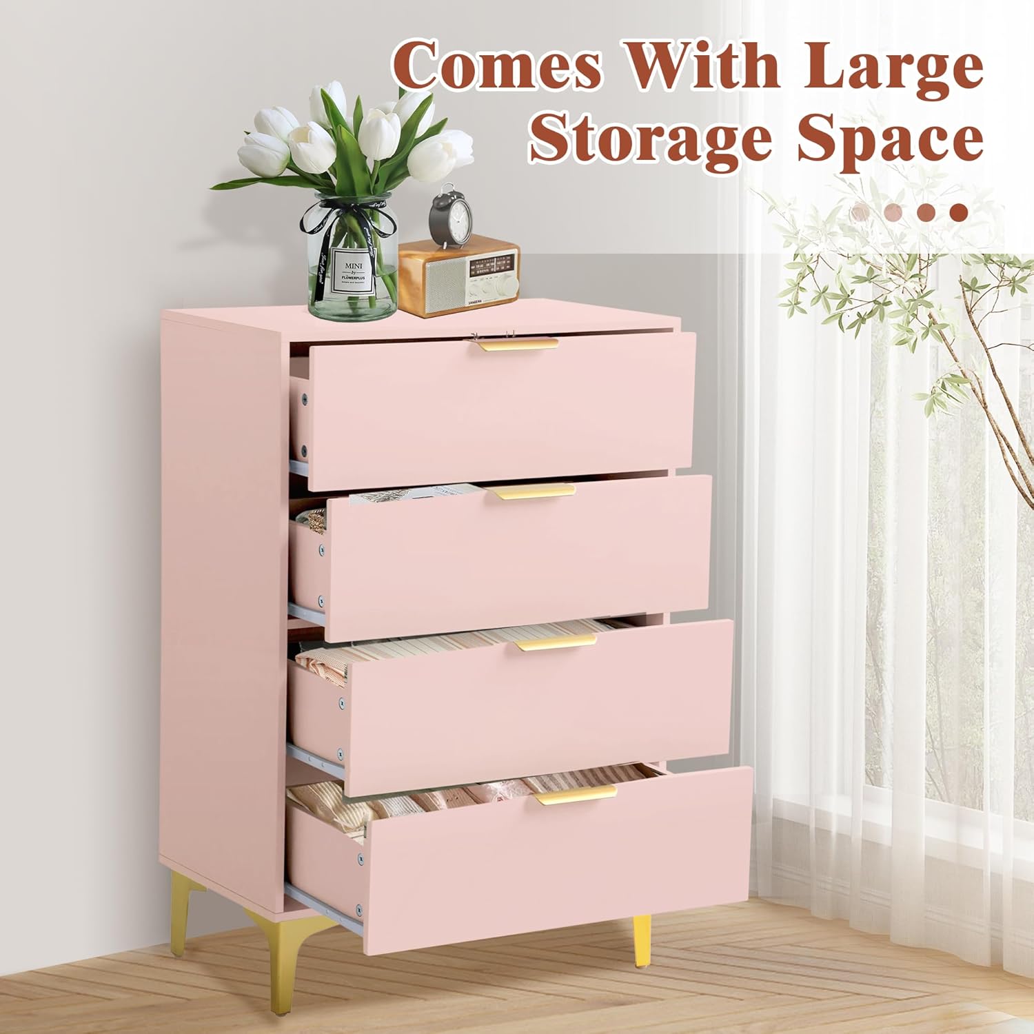 4 Drawer Dressers for Bedroom, Wood Dresser with Golden Handles - PINK - Image 5