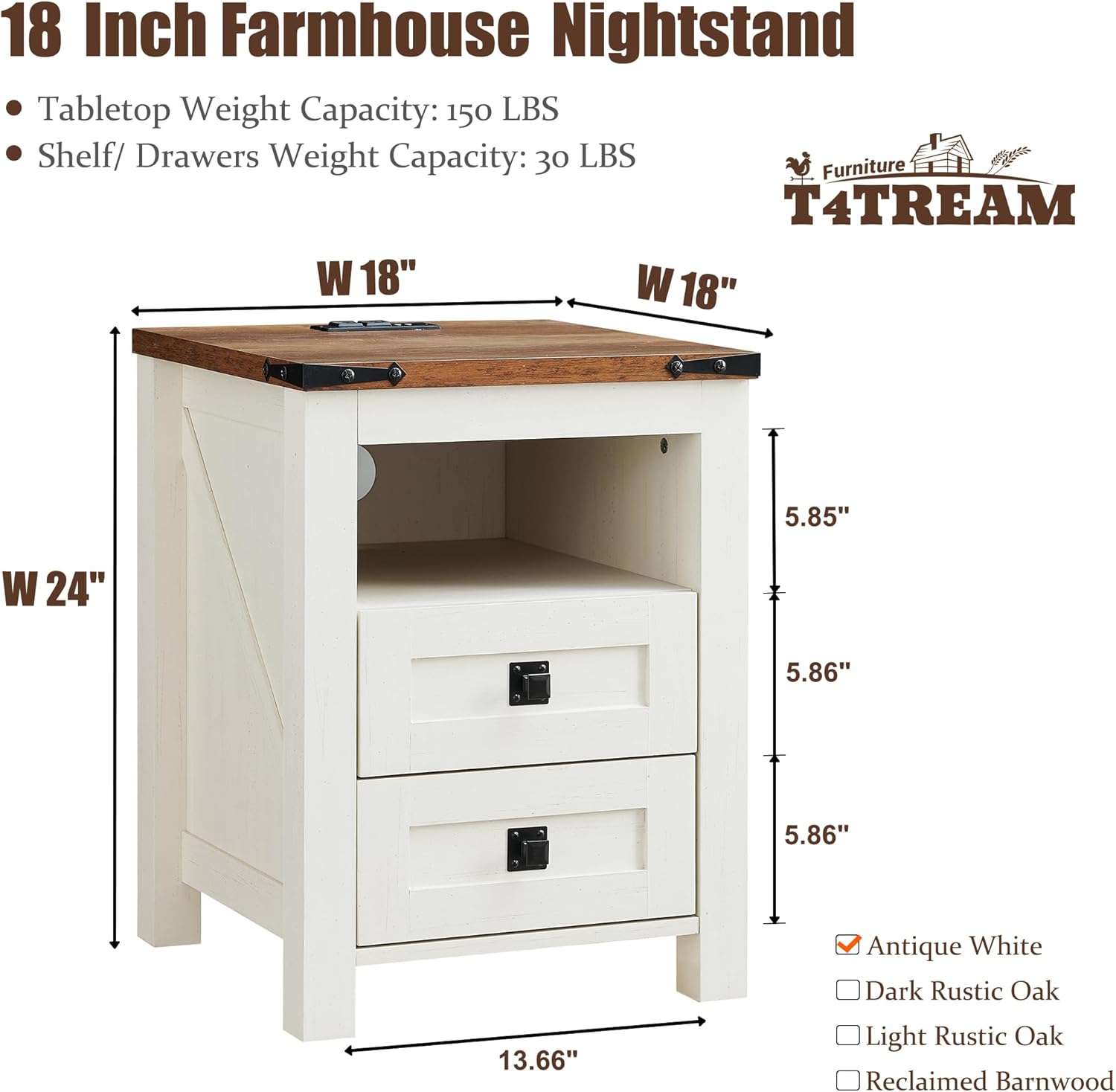 2 DRAWERS Nightstand with Charging Station - White - Image 2