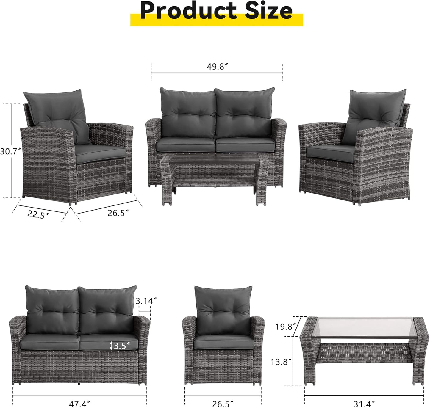 4 Piece Outdoor Patio Furniture Set (Grey Cushion) -1 - Image 9