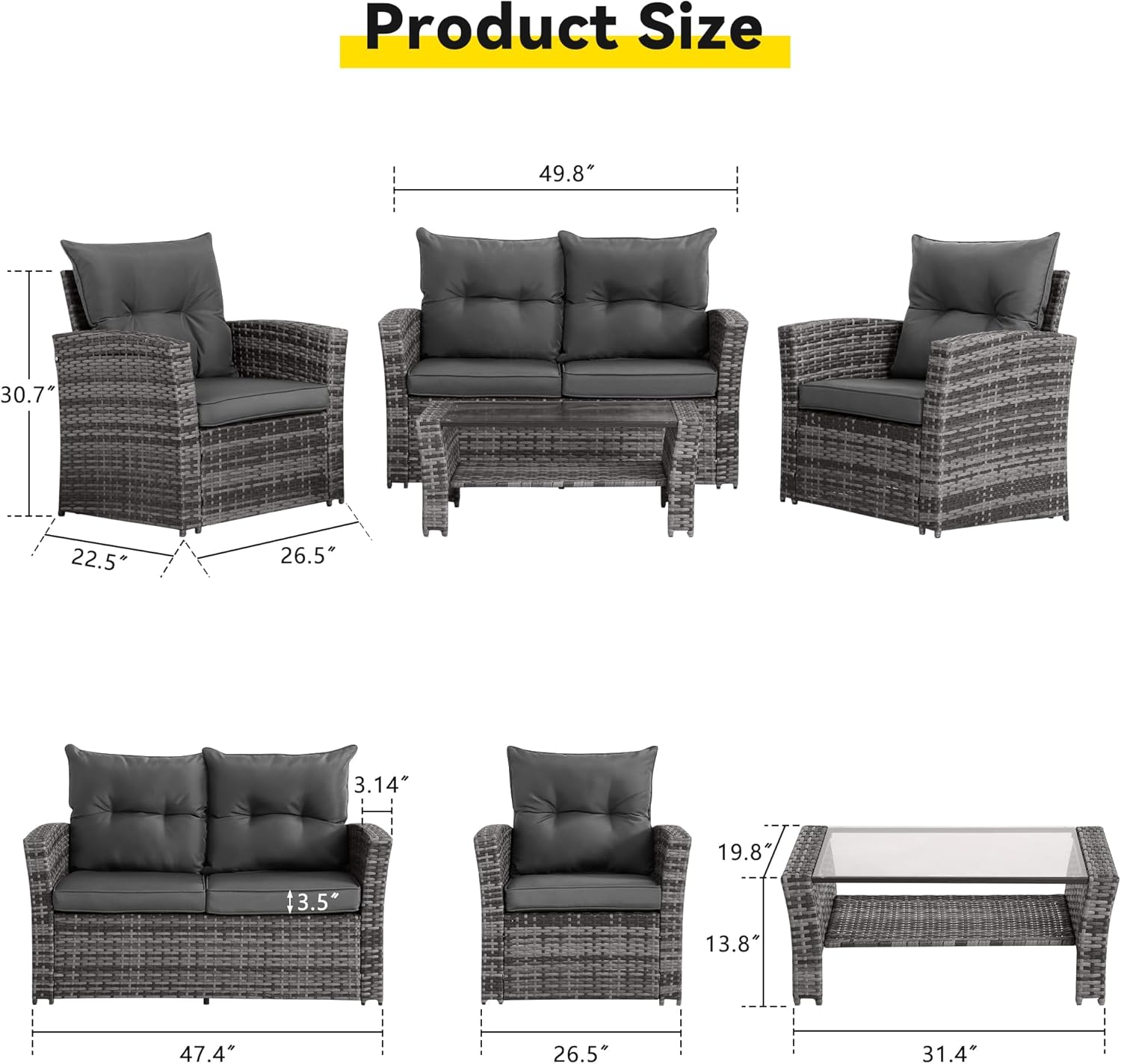 4 Piece Outdoor Patio Furniture Set (Grey Cushion) -1 - Image 9