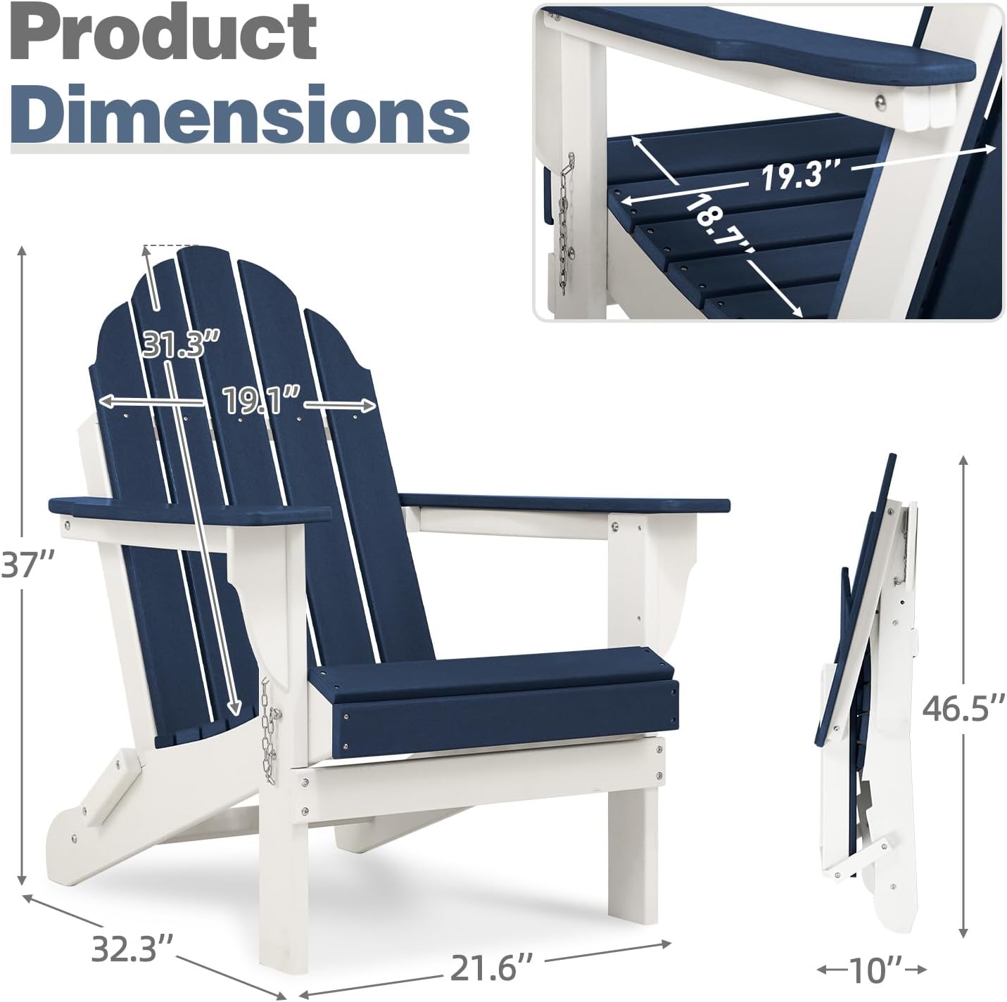 Outdoor All-Weather Folding Adirondack Chair - Navy Blue - Image 3