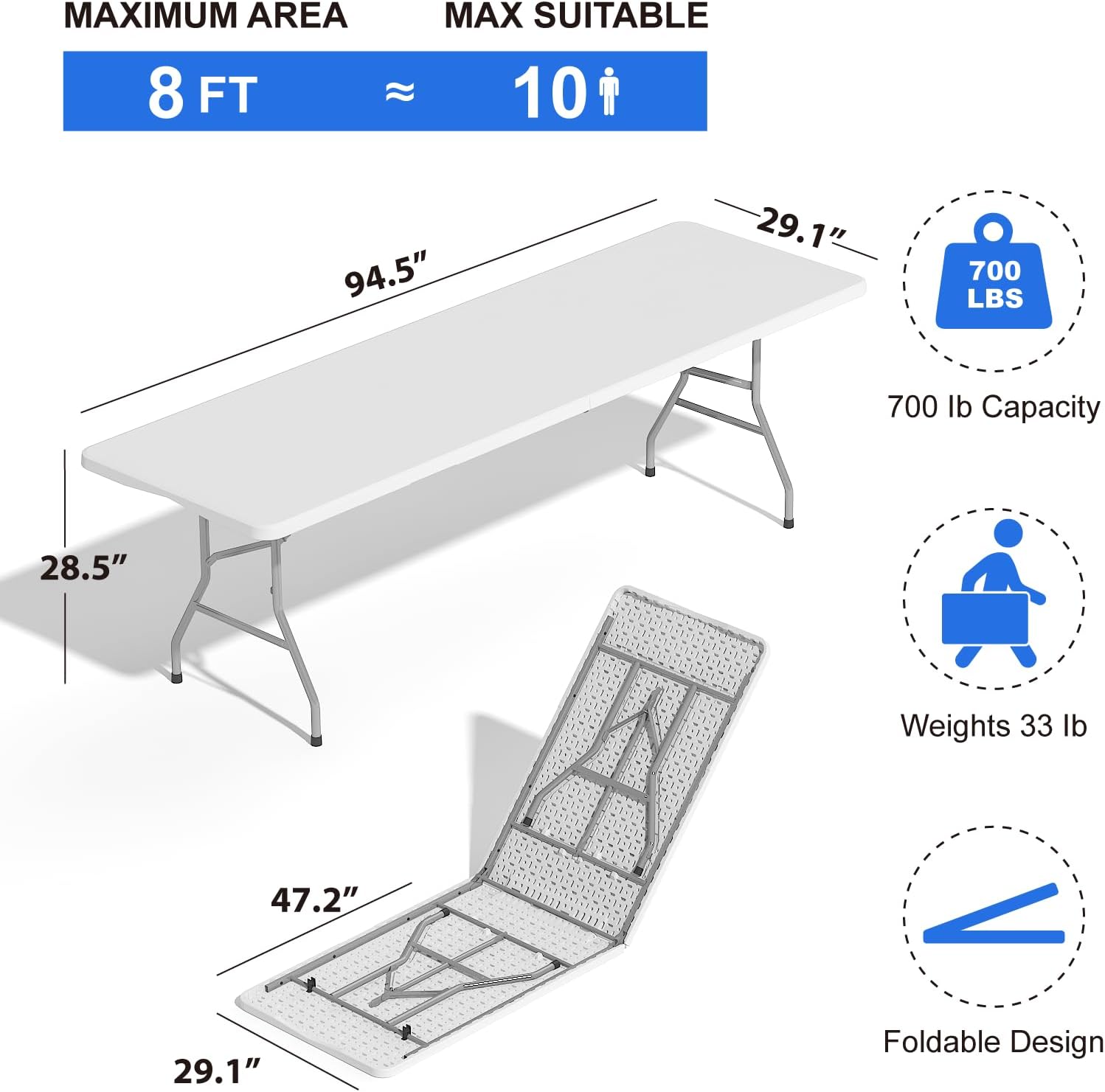 Foldable Table 8ft, Plastic Folding Table - Image 3