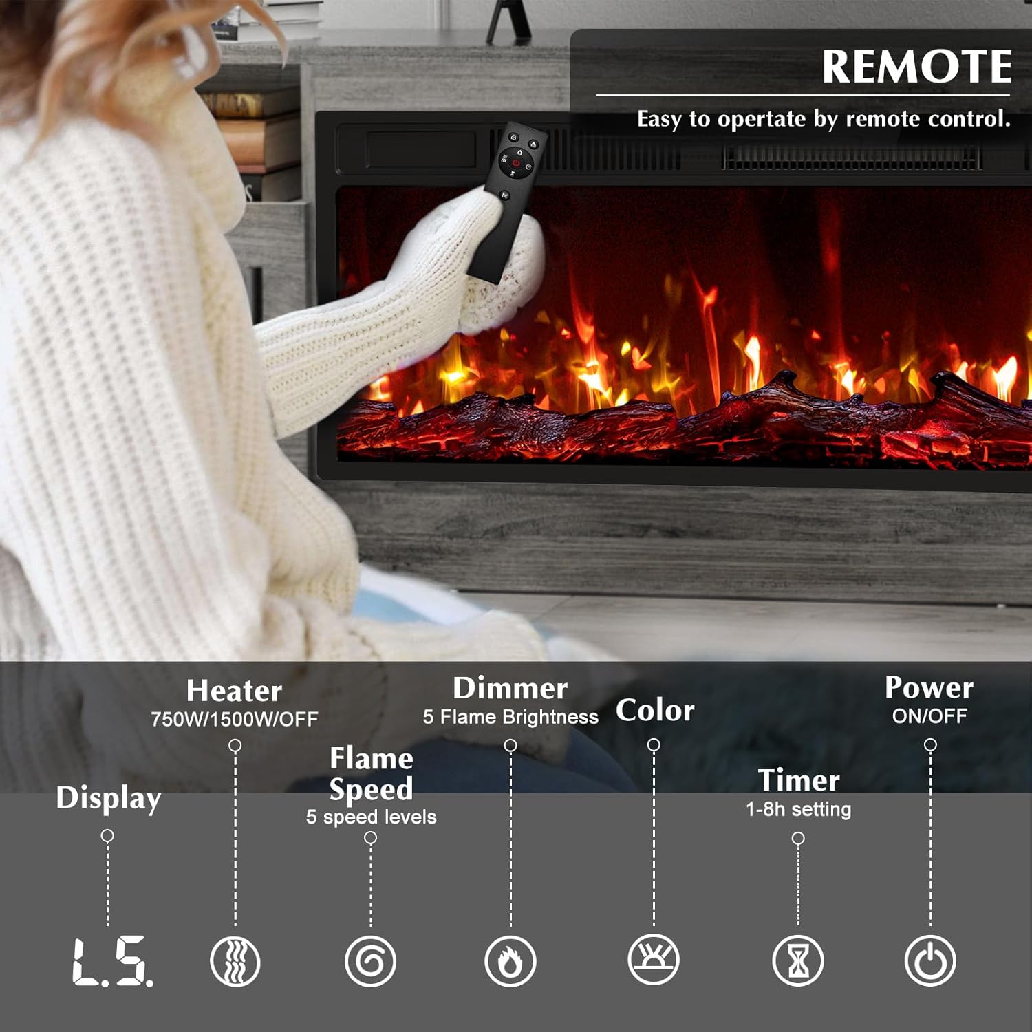 70" Fireplace TV Stand with Fireplace, fits TVs up to 80"- Grey - Image 3