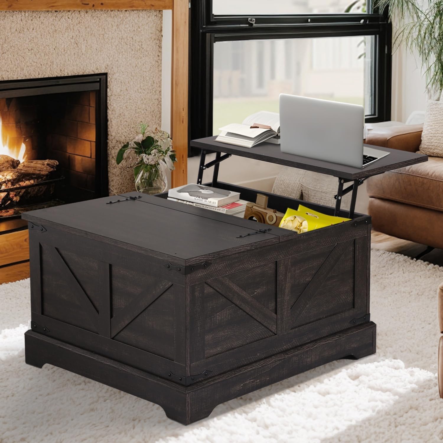  Vintage Storage Coffee Table, Lift Top Coffee Table, Square Center Table, Living Room Tables, Wood Tea Table (Retro Brown) - Image 1