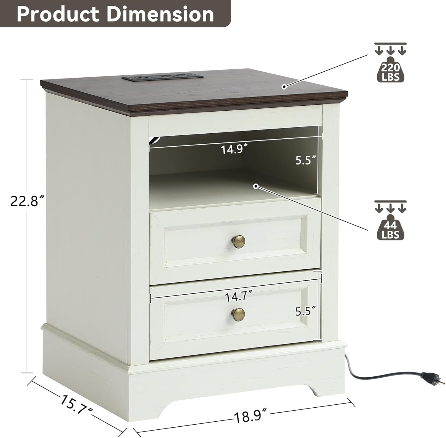 Farmhouse Night Stand with 2 Drawers - Set of 1 -White - Image 3