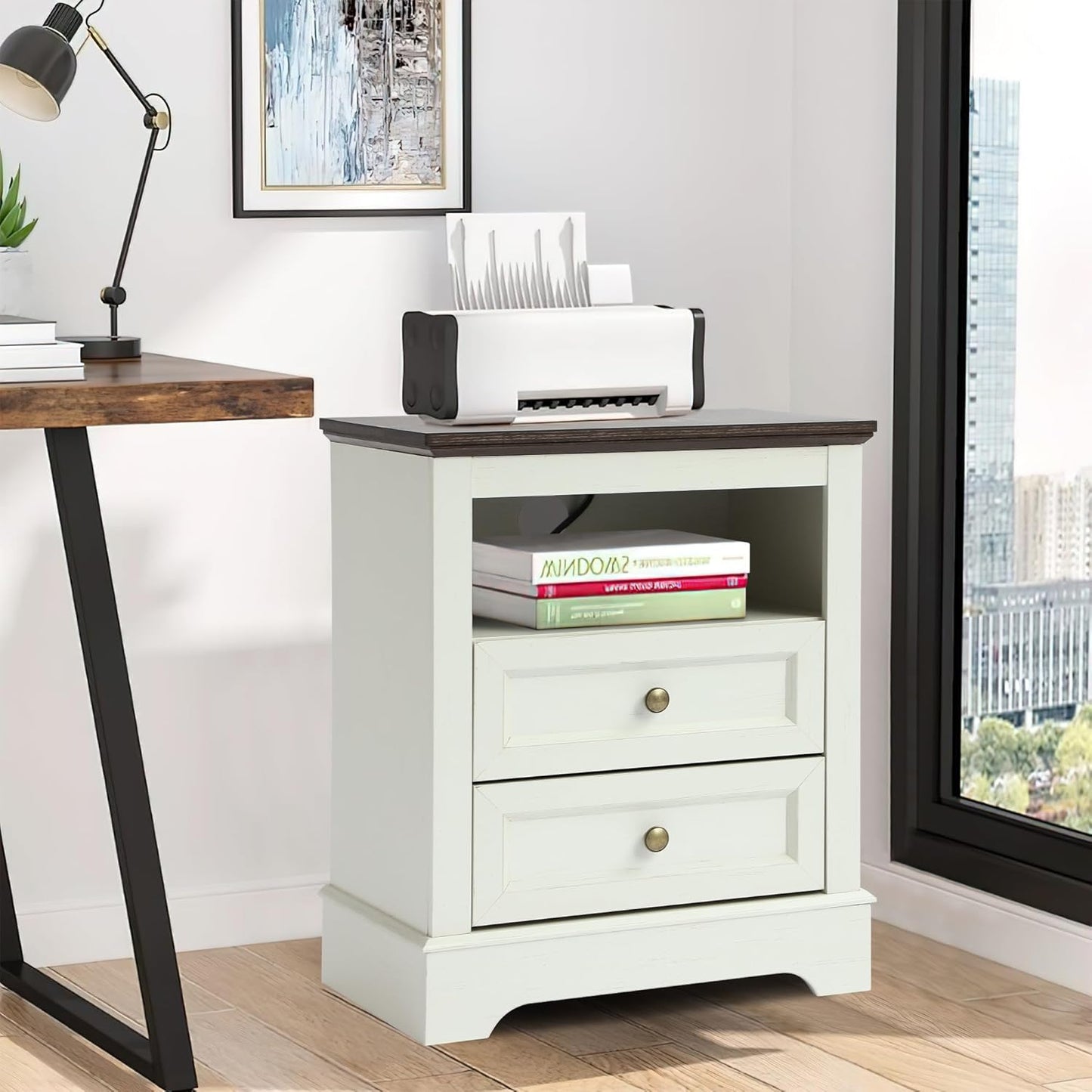 Farmhouse Night Stand with 2 Drawers - Set of 1 -White - Image 5