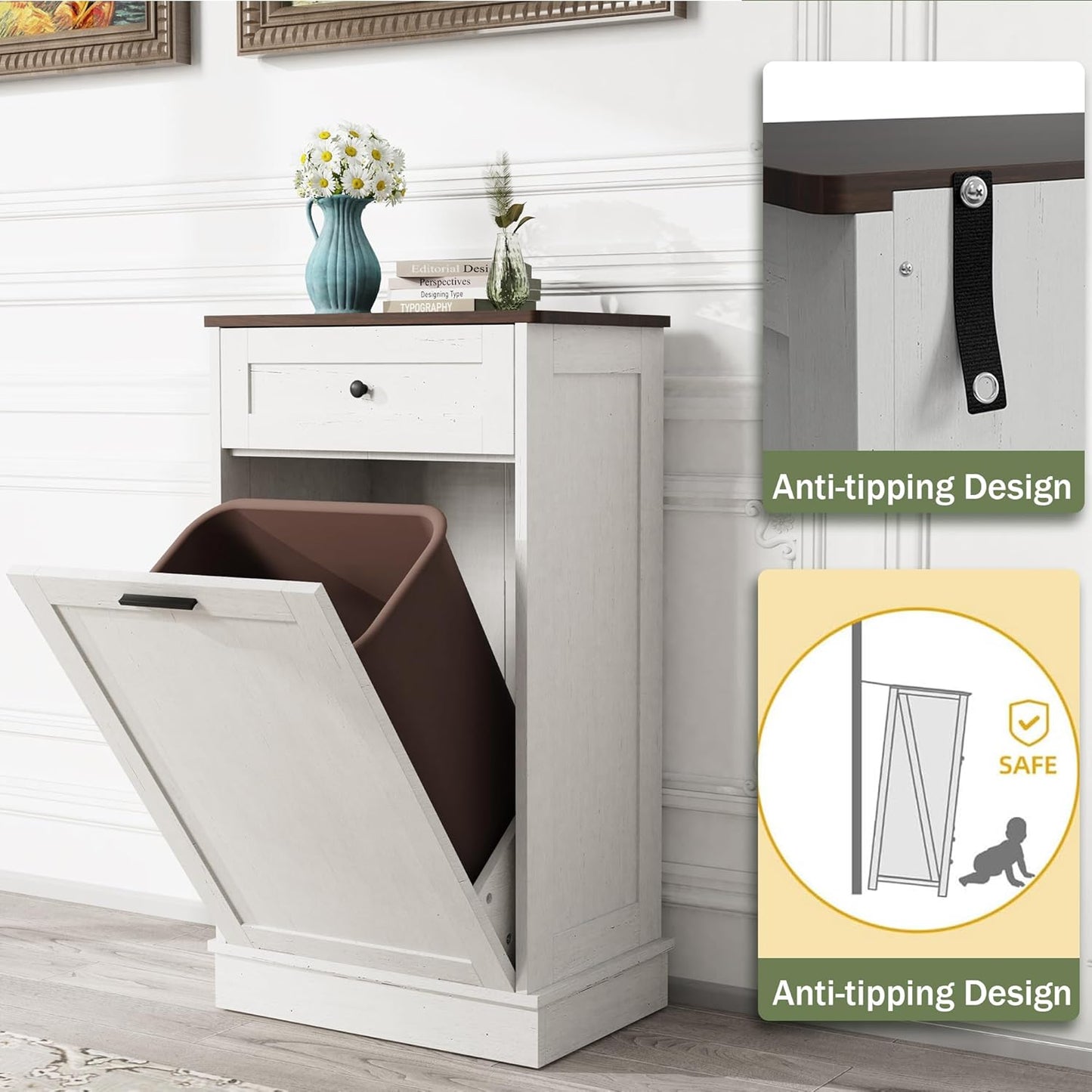 Tilt Out Trash Cabinet, Dog Proof Trash Can Holder Without Trashbin (White) - Image 6