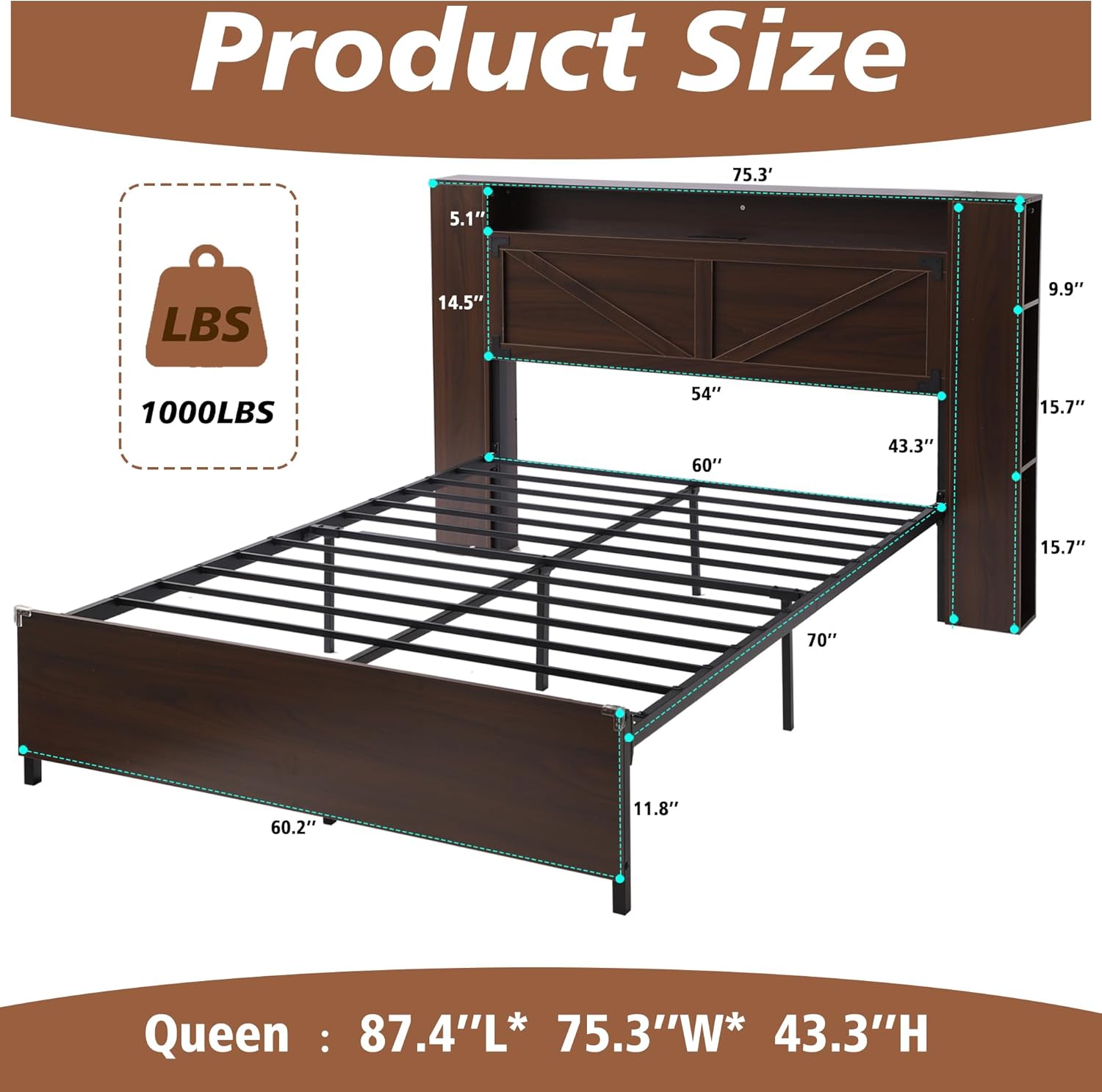 Bed Frame with Storage Headboard - Queen Size - Image 2