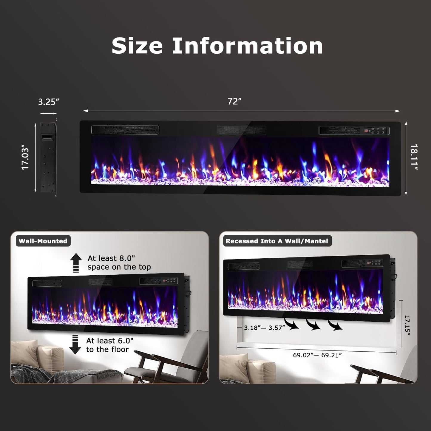 72" Electric Fireplace Narrow Frame & Wide Screen - Image 3
