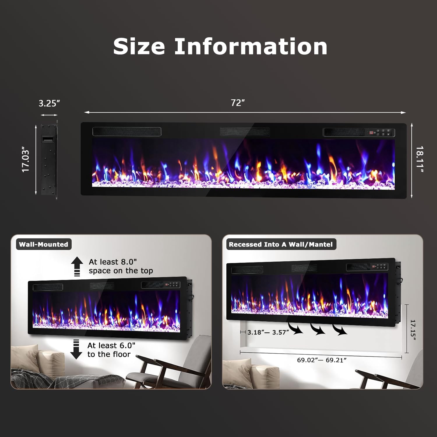 72" Electric Fireplace Narrow Frame & Wide Screen - Image 3