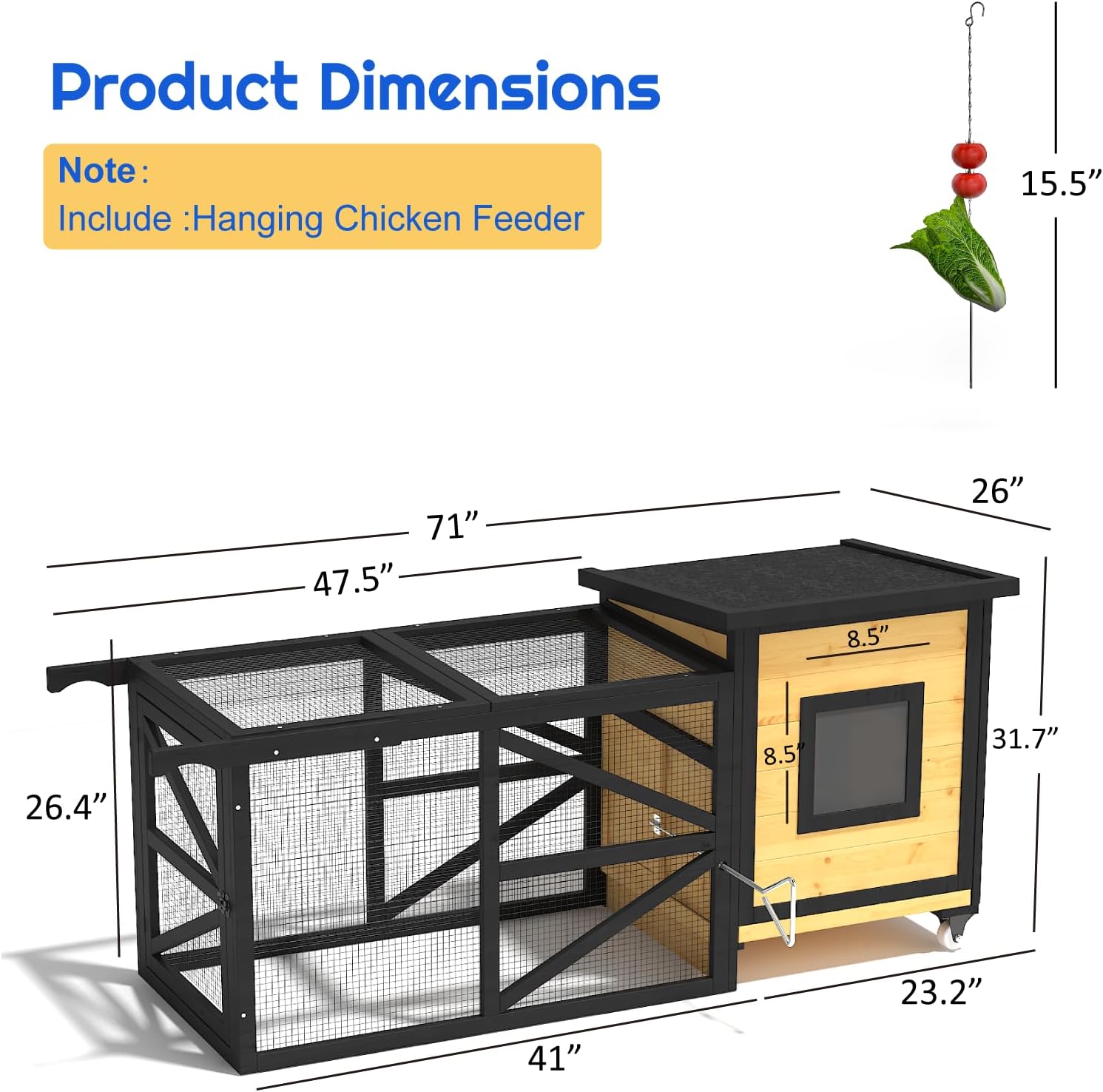 71'' Chicken Coop for 2-3 Chickens with Wheels - Image 2