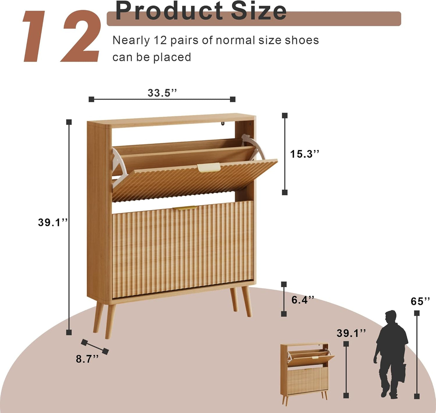 Narrow Shoe Storage Cabinet, Freestanding Shoe Cabinet Organizer for Entryway, Hallway (Oak, 2 Flip) - Image 2