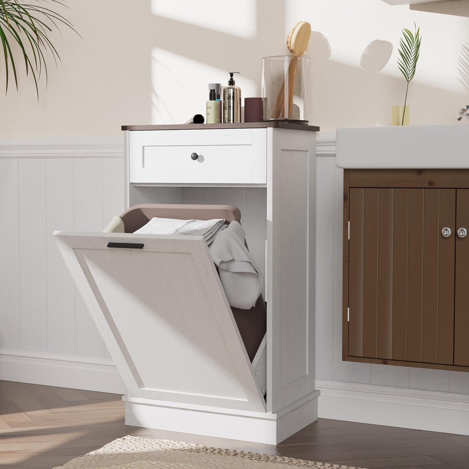 Tilt Out Trash Cabinet, Dog Proof Trash Can Holder Without Trashbin (White) - Image 9