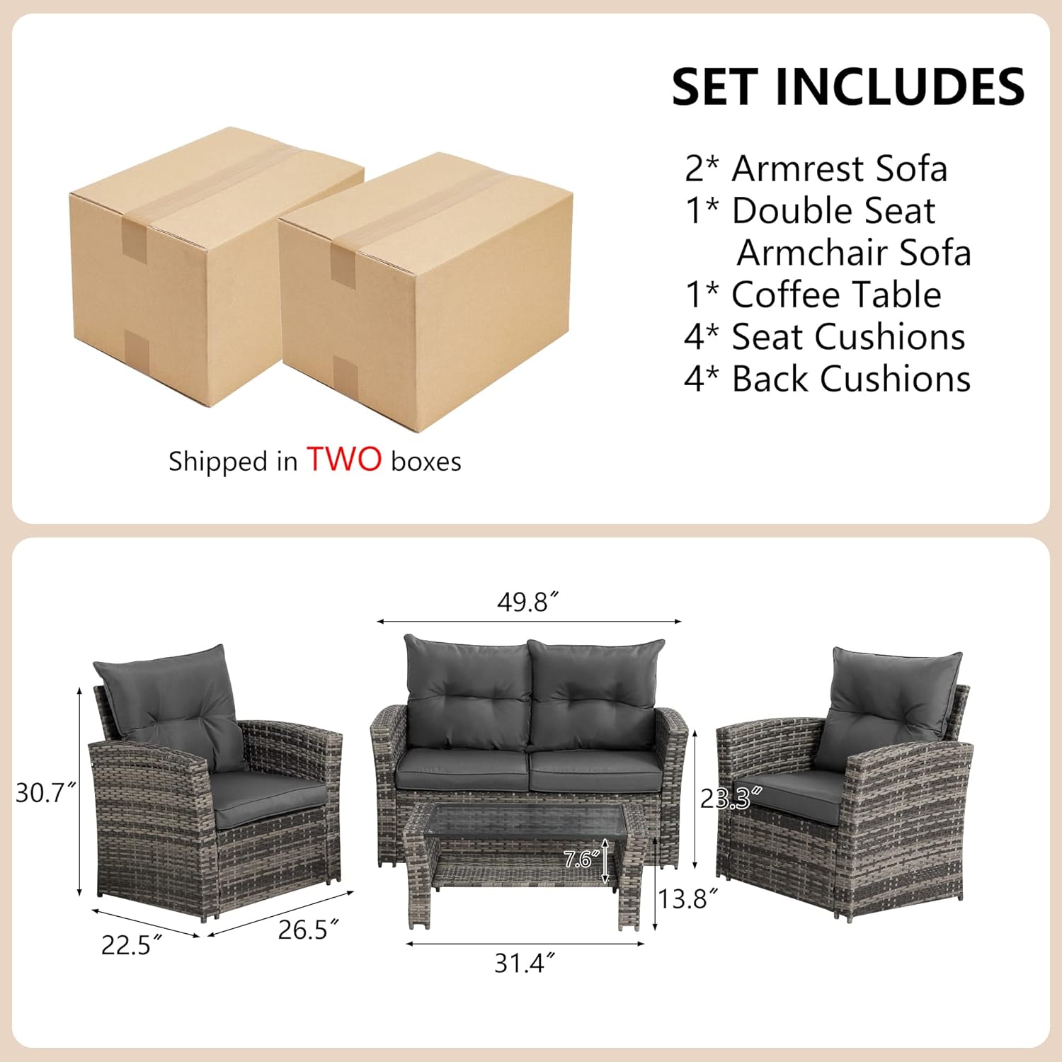 4 Piece Outdoor Patio Furniture Set (Grey Cushion) -1 - Image 3