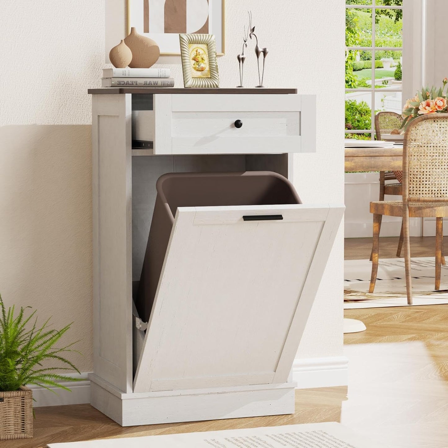 Tilt Out Trash Cabinet, Dog Proof Trash Can Holder Without Trashbin (White) - Image 1
