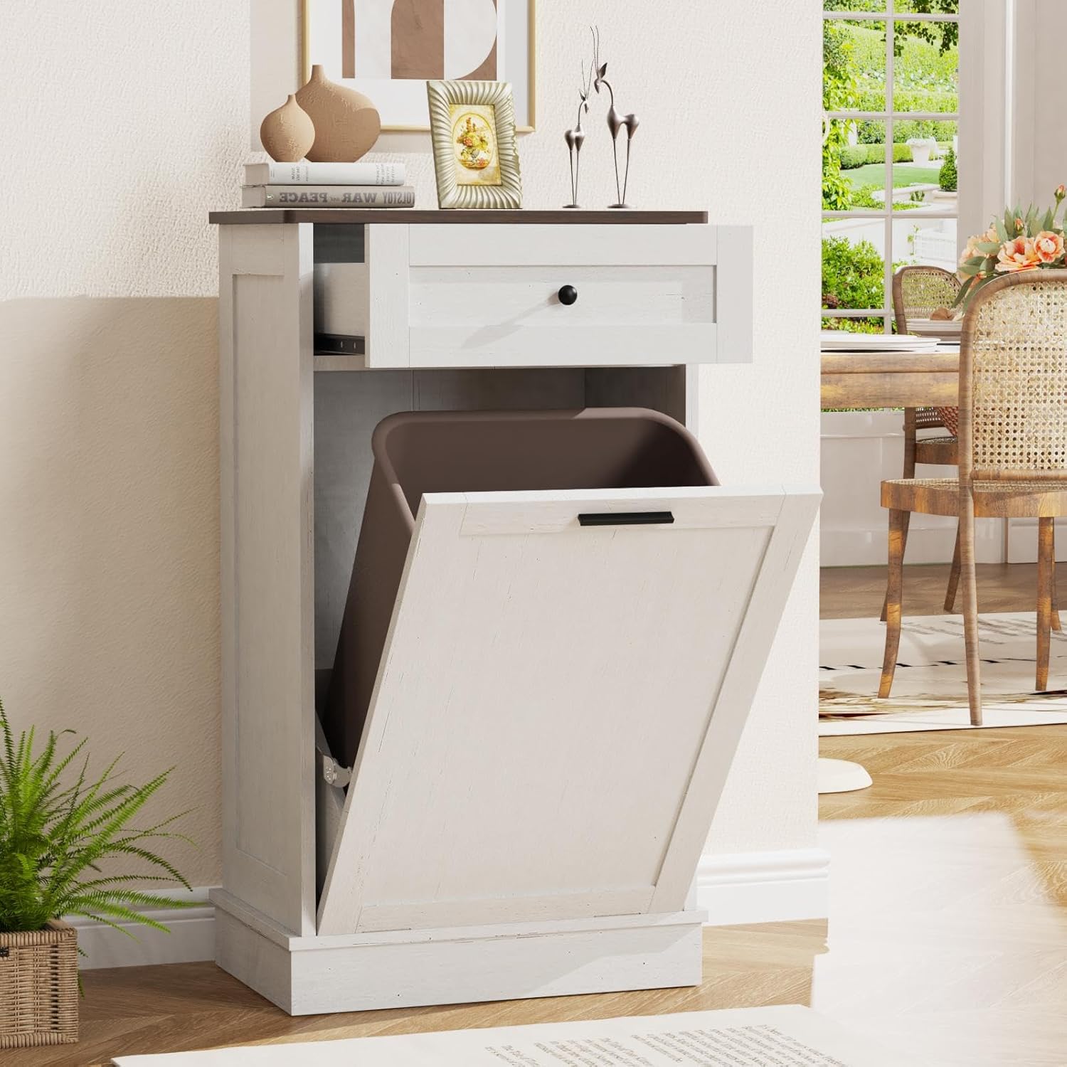 Tilt Out Trash Cabinet, Dog Proof Trash Can Holder Without Trashbin (White) - Image 1
