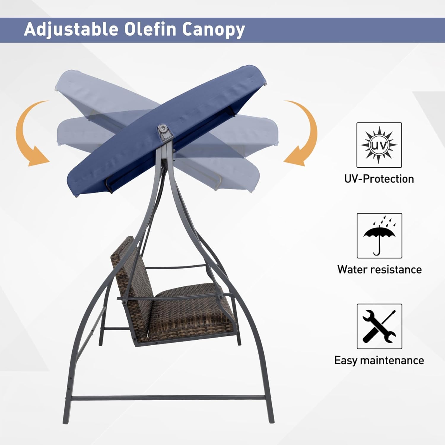 3 Seat Outdoor Porch Swing with Adjustable Canopy, PE Wicker Patio Swing Chair with Quick-Drying Foam Seat, 882 LBS Capacity - Image 5