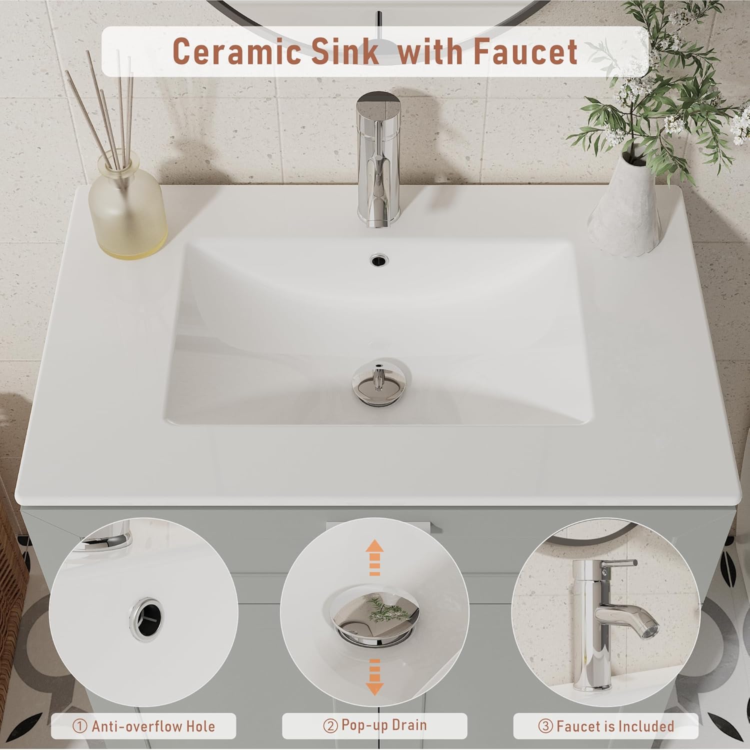 Bathroom Vanity with Ceramic Sink (30 Inch, Cabinet ONLY, Grey) - Image 6