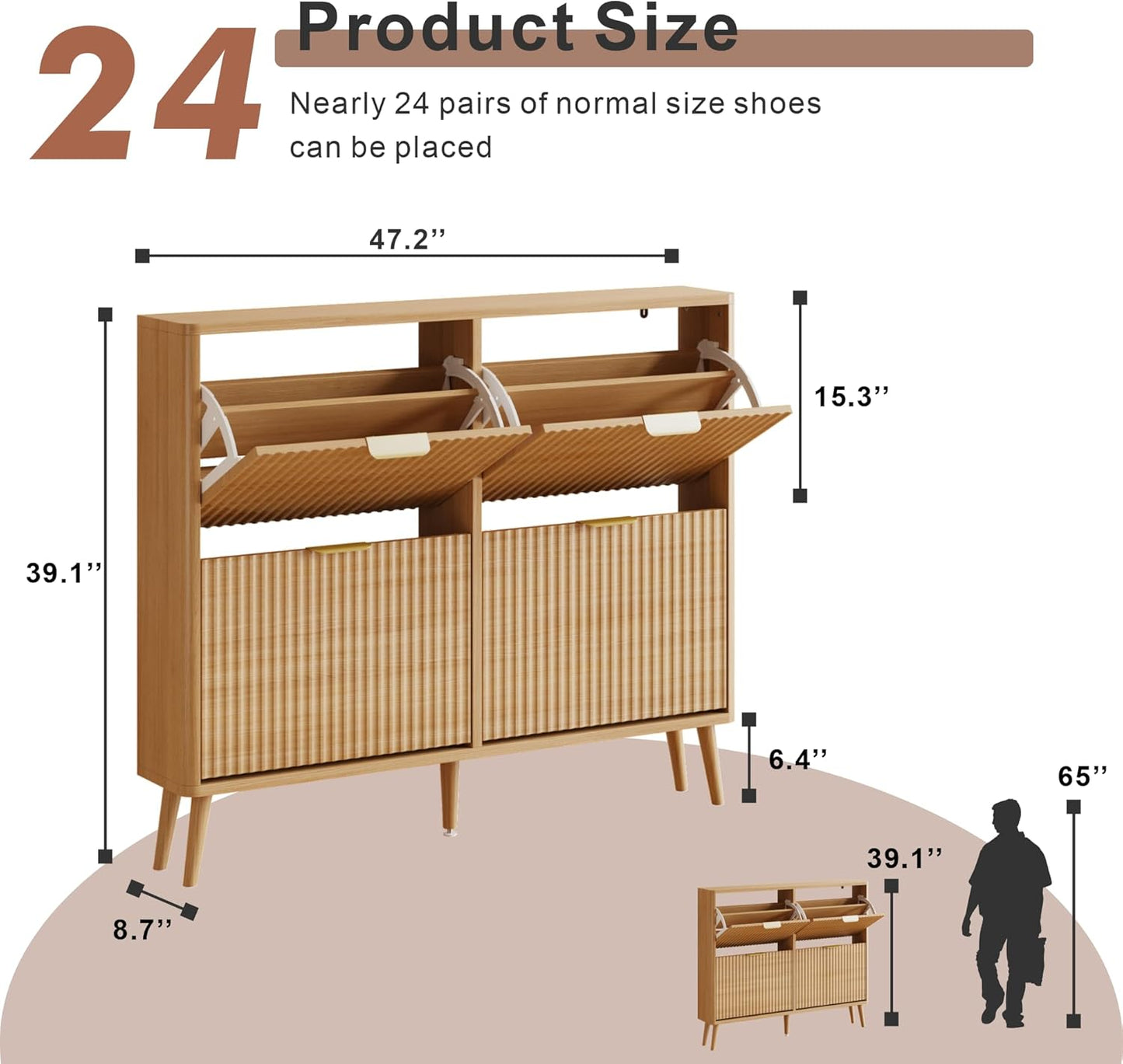 Narrow Shoe Storage Cabinet, Freestanding Shoe Cabinet Organizer for Entryway, Hallway (Oak, 4 Flip) - Image 2