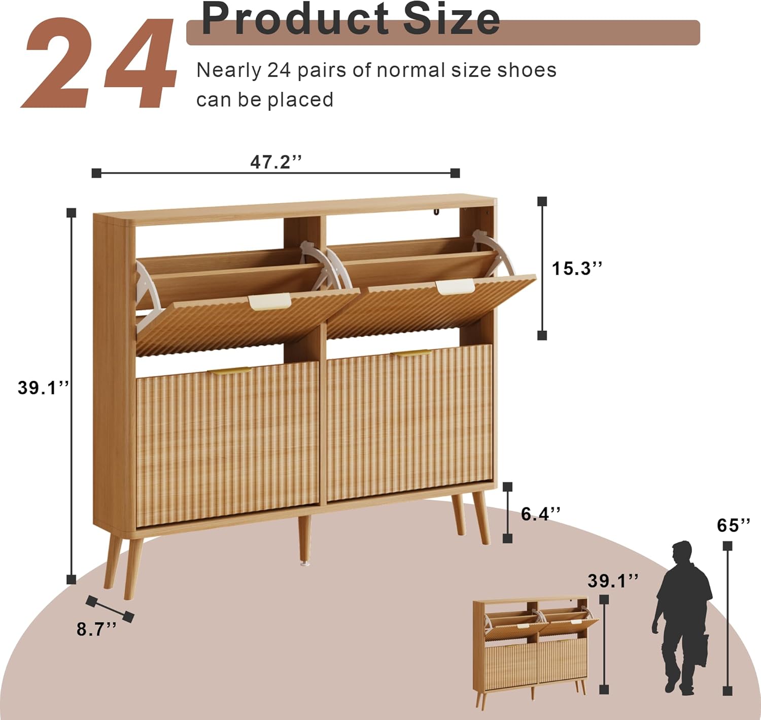 Narrow Shoe Storage Cabinet, Freestanding Shoe Cabinet Organizer for Entryway, Hallway (Oak, 4 Flip) - Image 2