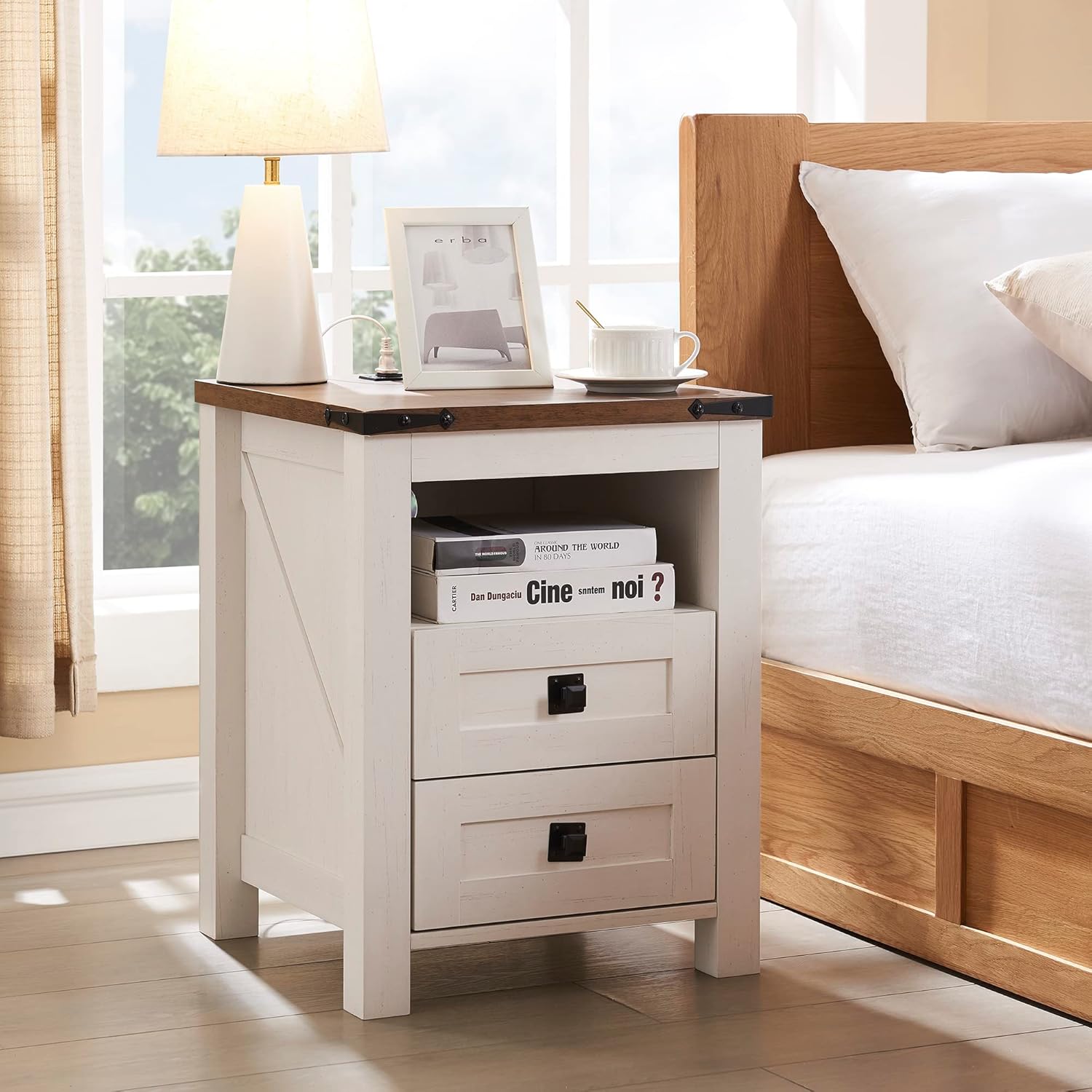 2 DRAWERS Nightstand with Charging Station - White - Image 1