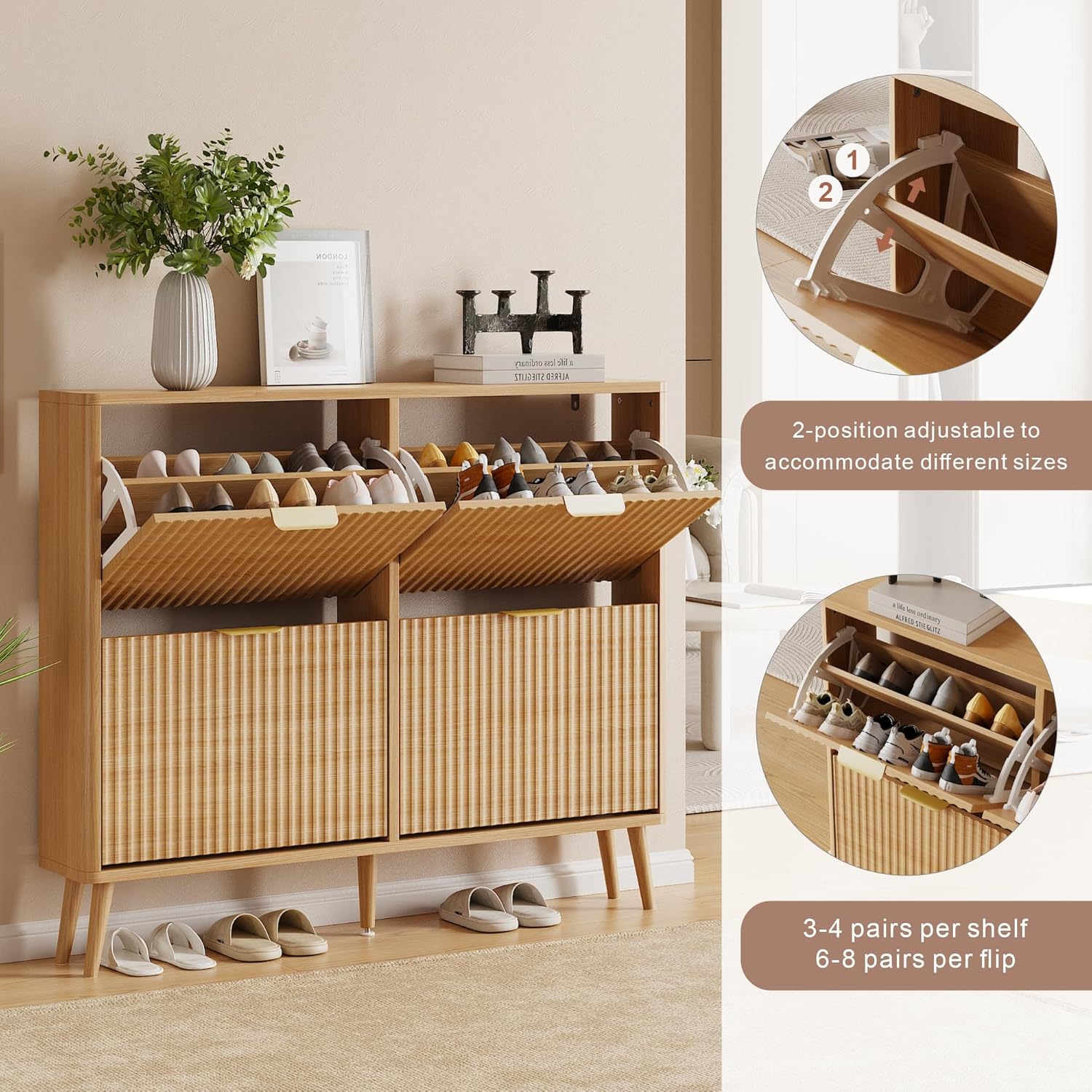 Narrow Shoe Storage Cabinet, Freestanding Shoe Cabinet Organizer for Entryway, Hallway (Oak, 4 Flip) - Image 5