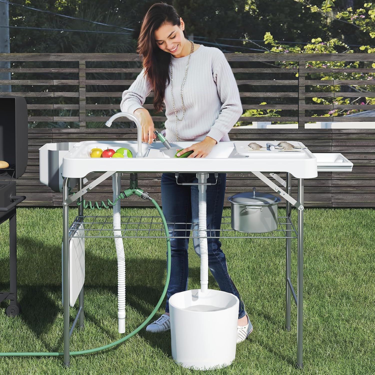 42.5" Fish Cleaning Table with Dual Sink, Portable Folding Camping Table - Image 1