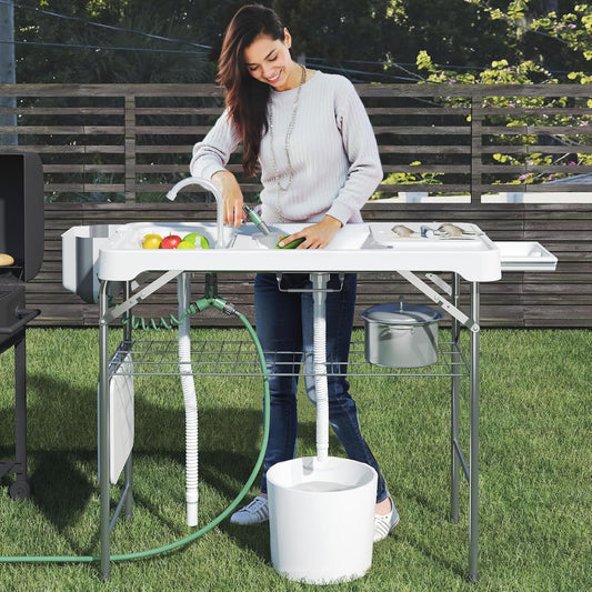 42.5" Fish Cleaning Table with Dual Sink, Portable Folding Camping Table - Image 1