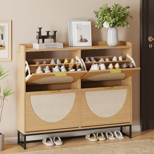 Narrow Shoe Storage Cabinet (Rattan, 4 Flip) - Image 1