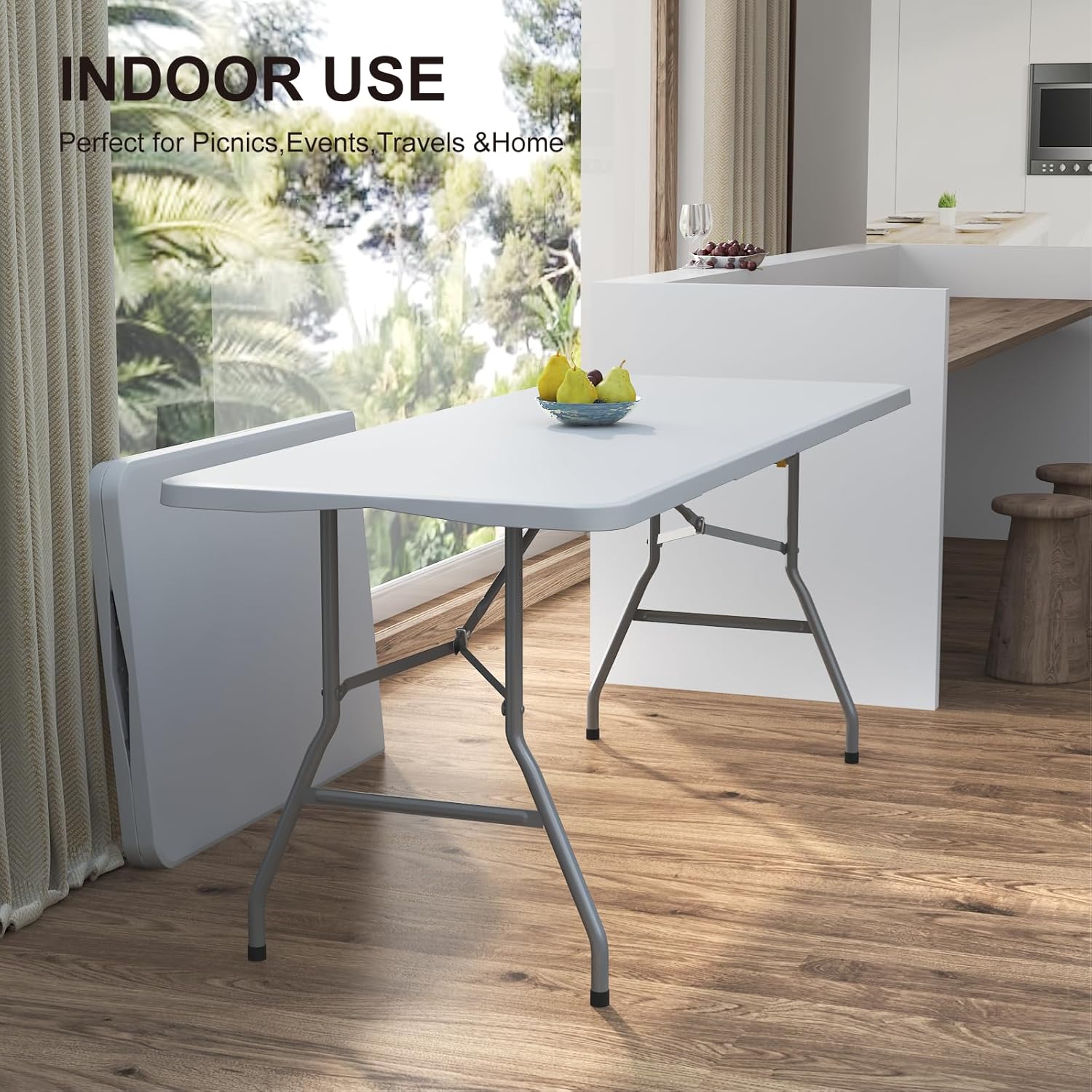 Foldable Table 6ft, Plastic Folding Table, Portable Heavy Duty Dining Table with Lock Function & Carrying Handle, Outdoor Indoor Foldable White Table for Camping Party Picnic - Image 7
