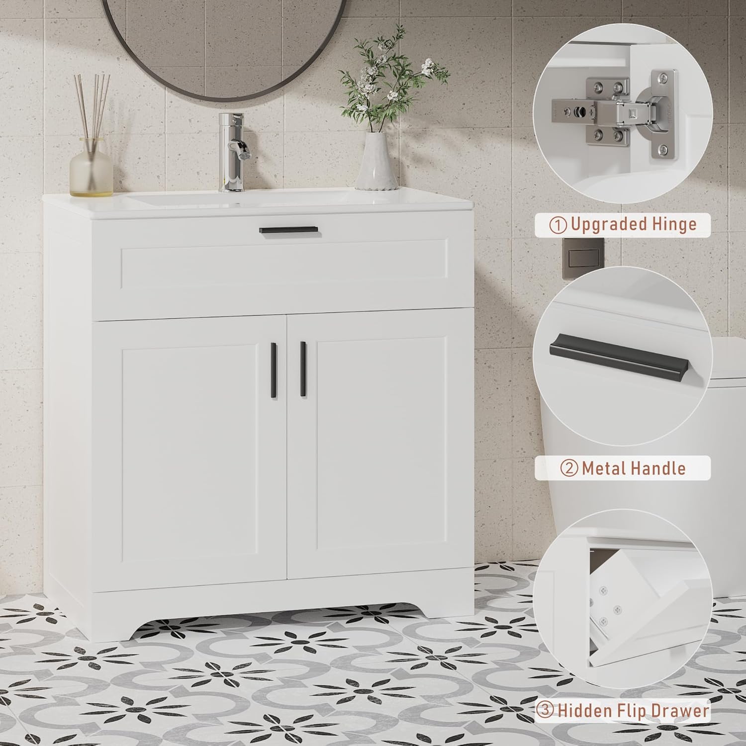 Bathroom Vanity with Ceramic Sink (30 Inch, Cabinet ONLY, White) - Image 7