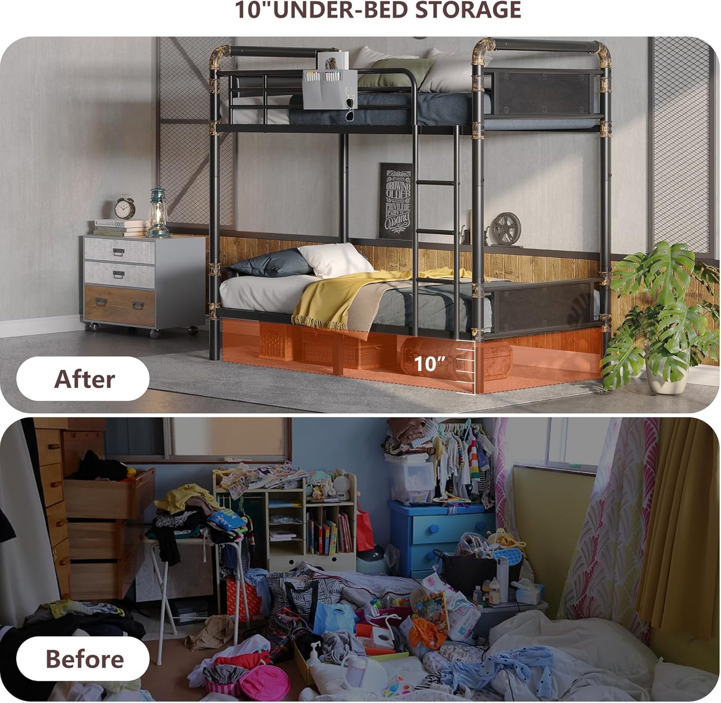 2 IN 1 Metal Bunk Bed Twin Over Twin, Convertible Twin Bunk Beds into 2 Individual Twin Size Bed for Kids Adults - Image 5