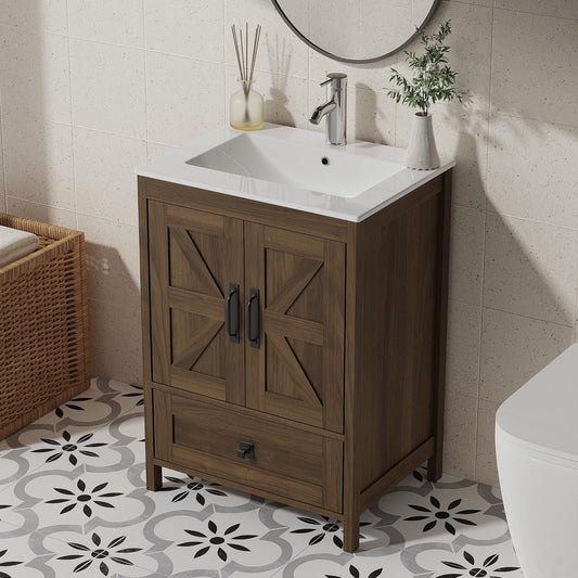 Bathroom Vanity with Ceramic Sink (24 Inch, Cabinet ONLY, Brown) - Image 1