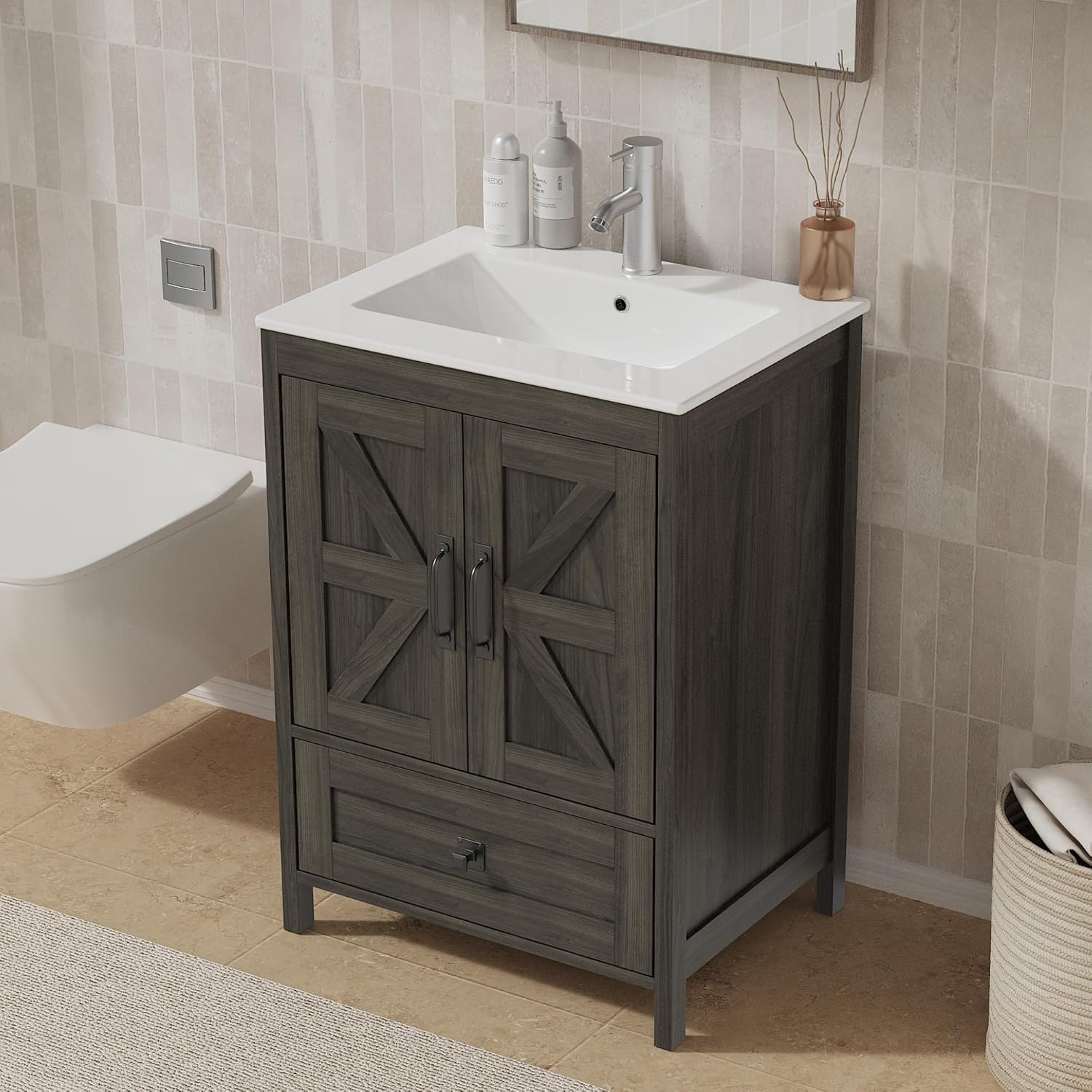 Bathroom Vanity with Ceramic Sink (24 Inch, Cabinet ONLY, Grey) - Image 1