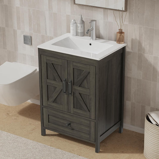 Bathroom Vanity with Ceramic Sink (24 Inch, Cabinet ONLY, Grey) - Image 1