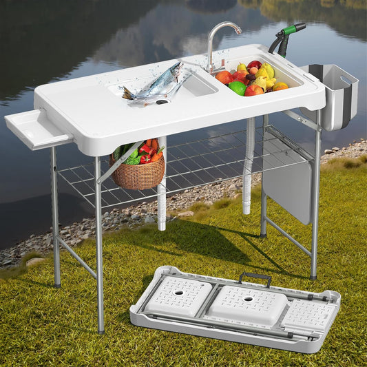 Folding Fish Cleaning Table with 2 Sinks, 42.5'' Portable Camping Sink Table - Image 1