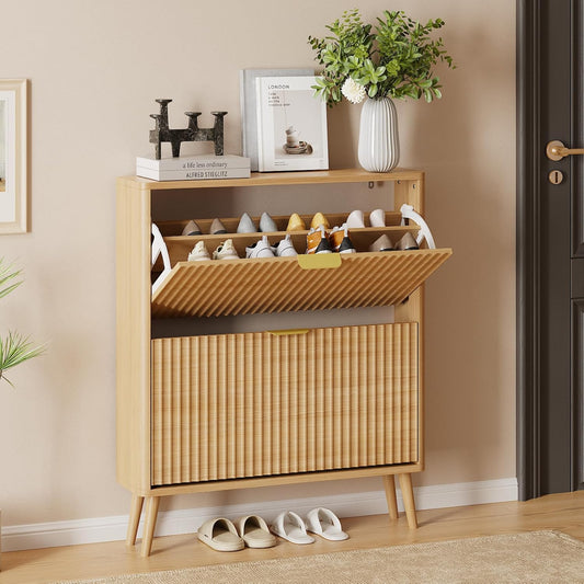 Narrow Shoe Storage Cabinet, Freestanding Shoe Cabinet Organizer for Entryway, Hallway (Oak, 2 Flip) - Image 1
