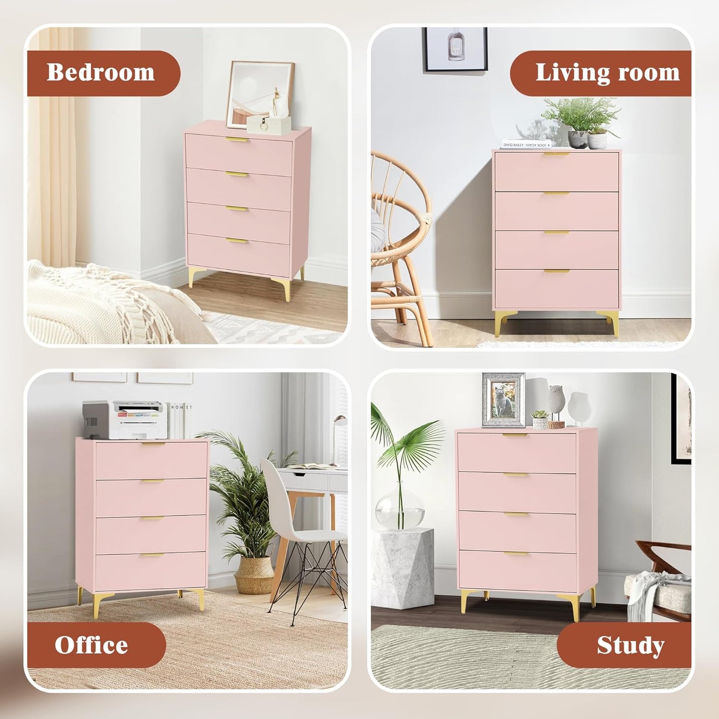 4 Drawer Dressers for Bedroom, Wood Dresser with Golden Handles - PINK - Image 7