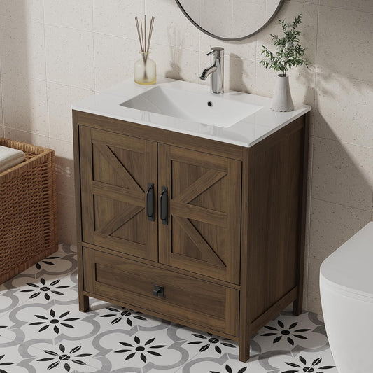 Bathroom Vanity with Ceramic Sink (30 Inch, Cabinet ONLY, Brown) - Image 1
