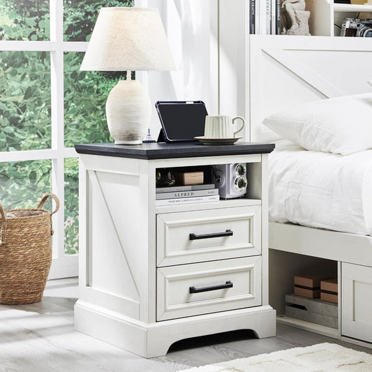 18" Farmhouse Nightstand with Charging Station - White - Image 1