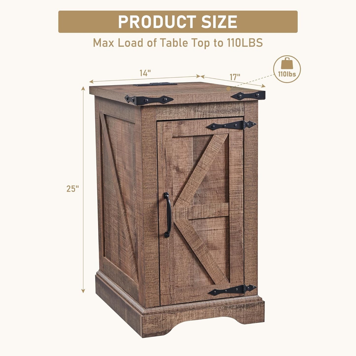 17" Farmhouse Nightstand with Charging Station - Brown - Image 2