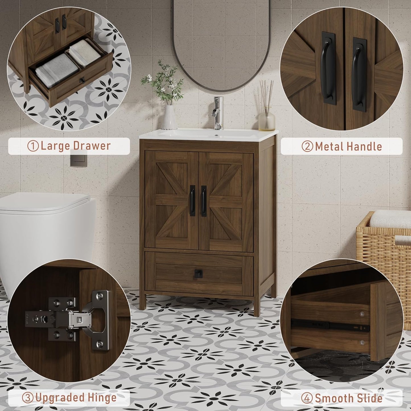 Bathroom Vanity with Ceramic Sink (24 Inch, Cabinet ONLY, Brown) - Image 6
